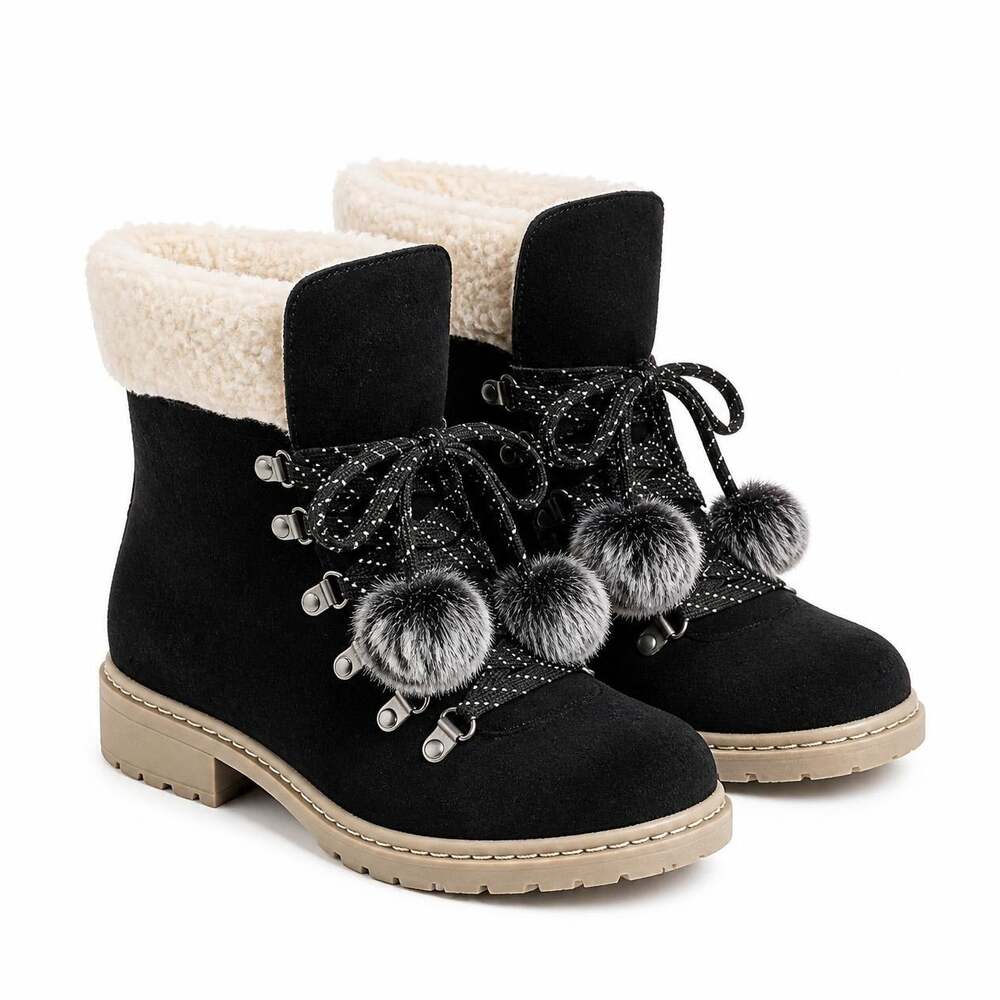 G.H. Bass Abigail Black Suede Lace-Up Boots Women's 7M Faux Shearling Pom Pom